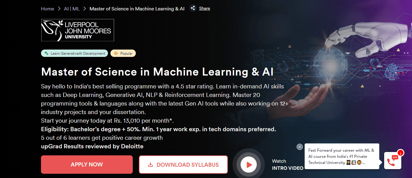 Masters of science in ML and AI